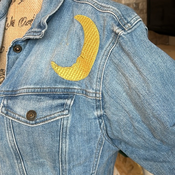 Guess cropped raw hem 3/4 sleeve hippie patches star cactus peace jean jacket - Picture 6 of 16